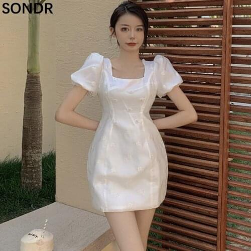 Summer Female White Short Dress French Vintage Beaded Square Collar Puff Sleeve Mini Dresses Women Sweet Ladies Slim Dress 2021