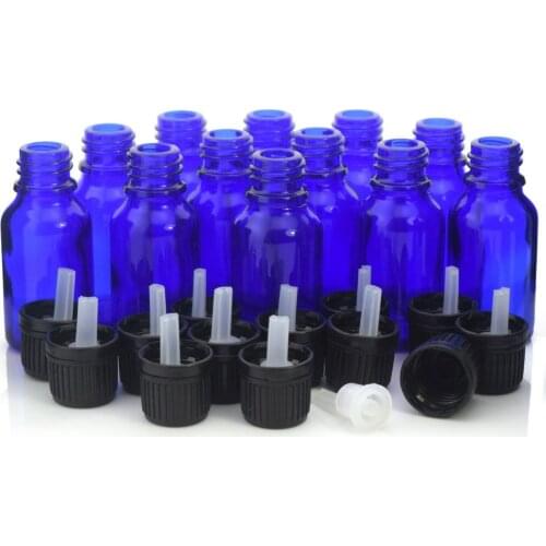 12pcs 15ml Cobalt Blue Glass Euro Dropper Bottles with orifice reducer tamper evident cap for essential oil perfume aromatherapy