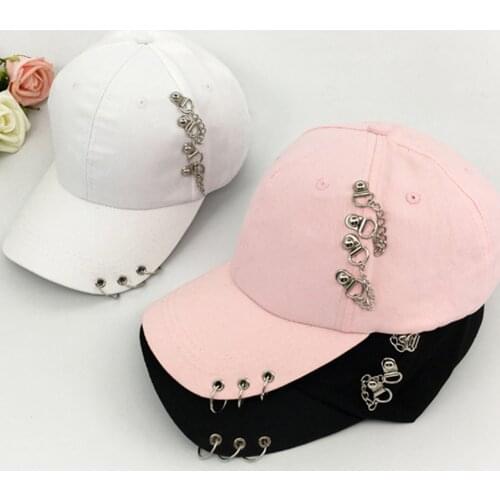 Men Women Fashion Baseball Adjustable Hip Hop Tour Hat Punk Street Metal Chain Ring Baseball Cap Casual Black White Pink Hats