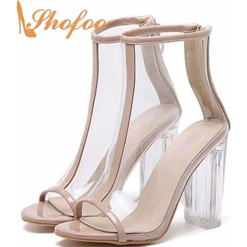 Nude Female Summer Clear Booties Shoes Peep Toe Ankle Boots Woman High Square Heels Zipper Large Size 33 36 Fashion Mature 2021
