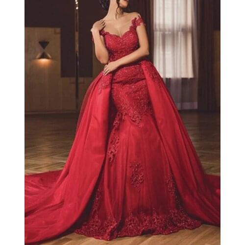 Long Beaded Appliques Mermaid Evening Dress with Detachable Train Off Shoulder Prom Formal Wedding Party Gowns Robe De Soiree