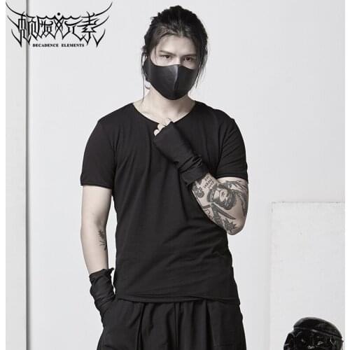 Raw edge design short-sleeved T-shirt personality trendy men dark black simple slim round neckline base summer