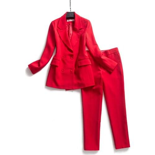 Set womens fashion double-breasted small suit and nine pants 2sets of casual temperament suits professional wear pants two sets
