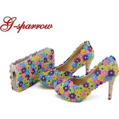 2018 Colorful Lace Flower Wedding Party Prom Shoes with Clutch Pearl High Heel Banquet Pumps Handmade Women Shoes Matching Bag