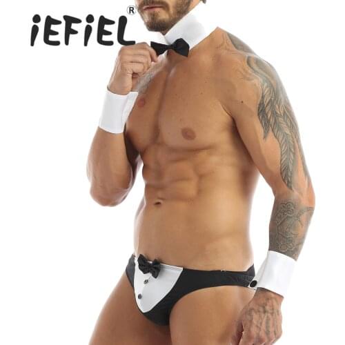 Men Erotic Sexy Roleplay Costume Waiter Tuxedo Accessories Collar and Cuff Set Collar Bracelets Sissy Lingerie Sets with Bow Tie