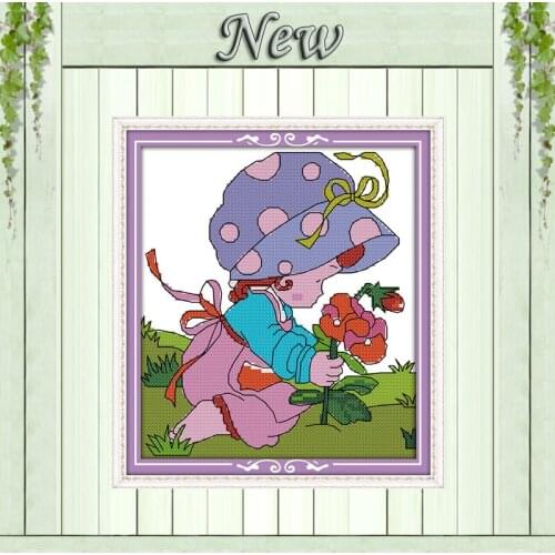 Little girl picking flowers cartoon painting counted printed on canvas DMC 14CT 11CT Cross Stitch Embroidery kits Needlework Set