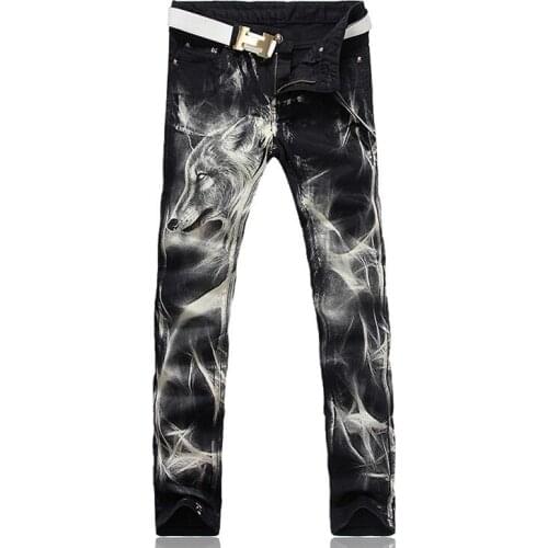 2021 New Mens fashion wolf print stretch denim jeans Slim black painted straight pants Long trousers Fashion personality