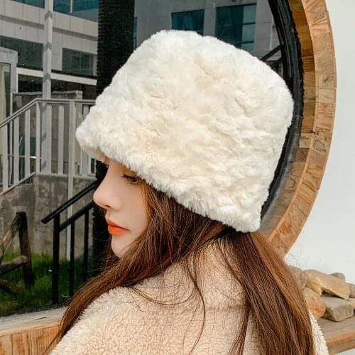 New Fashion Faux Fur Bucket Hats For Women Solid Color Beanies Lady Winter Panama Fisherman Caps Girl Warm Rabbit Fur Hats