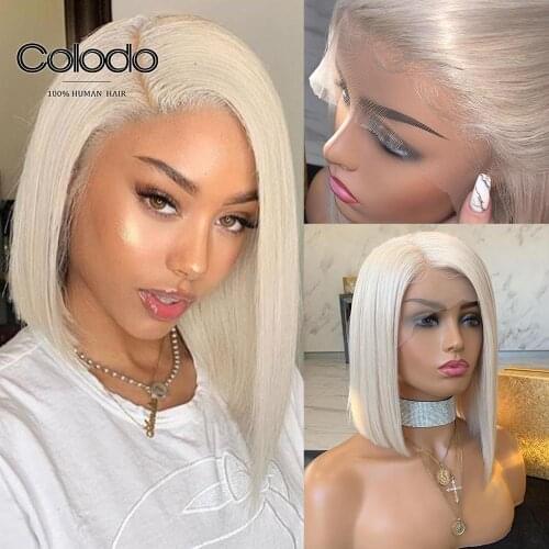 COLODO Platinum Blonde Lace Front Wig Pre Plucked Side Part Short Bob Wig Remy Hair Full Lace Human Hair Wigs for Black Women
