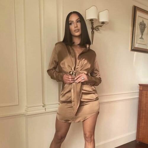 2021 Full Sleeve Asymmetrical Satin Dresses Empire Waistline Knee Length Women V Neck Loose Shirt Dress Autumn New Vestidos