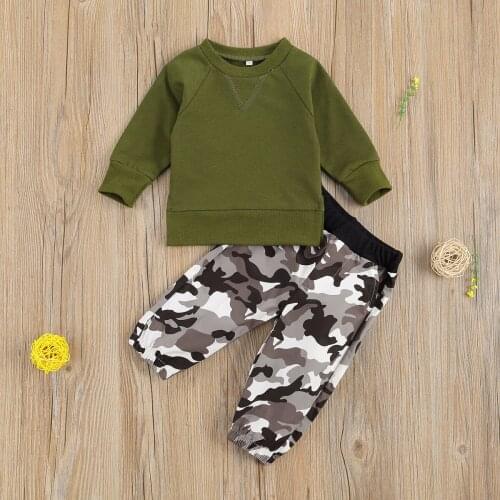 2 Pcs Baby Boys Casual Cotton Suit Solid Color Round Neck Long Sleeve Pullover Camouflage Print Loose Trousers for Daily Life