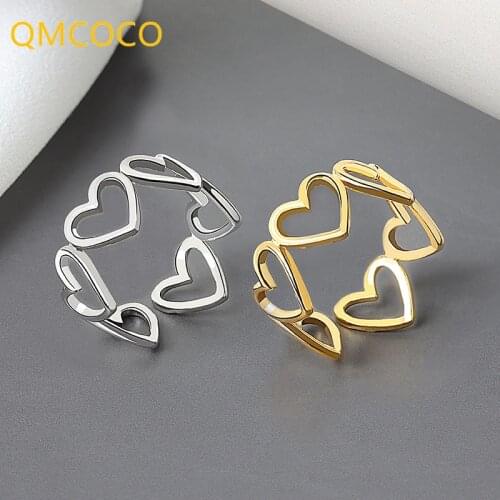 QMCOCO 925 Silver Love Heart Hollow Out Ring Female Fashion Temperament Elegant French Light Luxury Jewelry Gifts