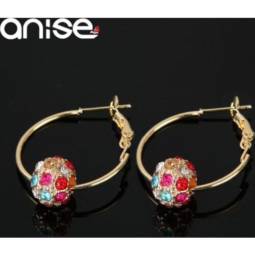 Anise Luxury White Colorful Crystal Lucky Round Ball Pendant Earrings Fashion Gold Color Circle Hoop Earrings for Women Jewelry