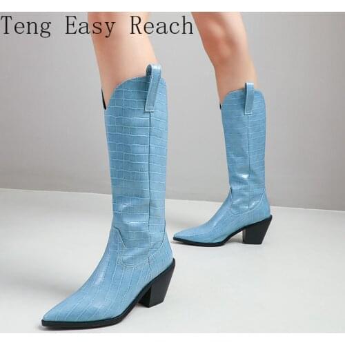 2021 Women Fashion Knee High Boots Suqare High Heel Long Boots Slip on Pointed Toe Western Boots Autumn Winter Ladies Shoes 43
