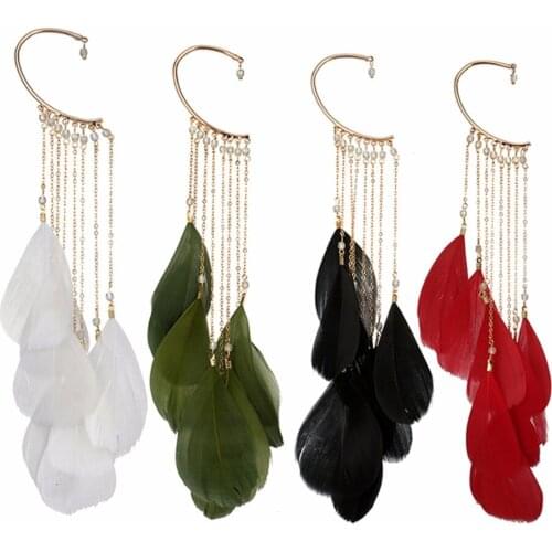 Trendy Green Leaves Feather Long Tassel Cuff Clip Earring Without Piercing Crawlers Shellhard Women Ear Cuff Fashion Jewelry 1pc