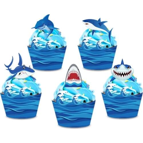 Nautical Theme Blue Shark Cake Topper Happy Birthday Party Decoration Ocean Wave Cupcake Wrapper Baby Shower Party Supplies