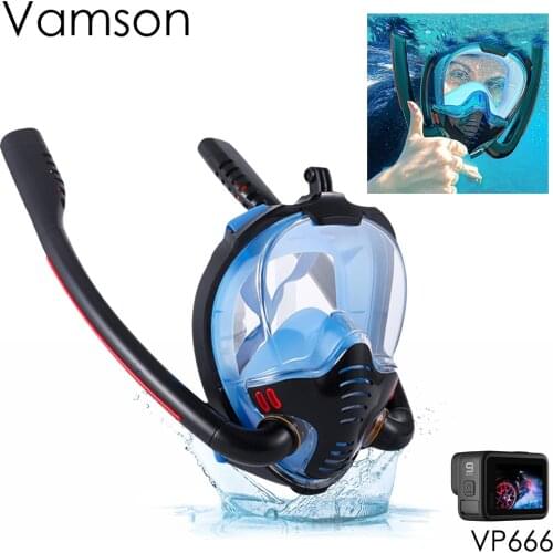 Vamson Swimming Diving Mask Double Breathing Tube Anti Fog 180°Wide Field with Camera Mount Accessories for GoPro 9 8 7 6 VP666