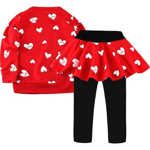 Height 100-140cm Spring Autumn Girls' Cotton Love Crew Neck Sweatshirt Long Sleeve Folds Childrens Two-Piece Trousers Suit