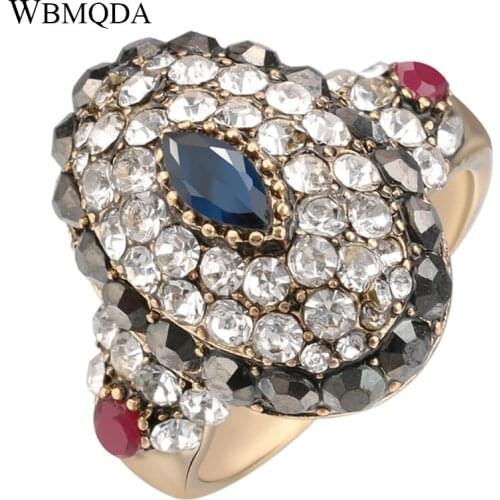 Wbmqda Luxury Crystal Rings For Women Turkey Jewelry Ancient Gold Color Oval Blue Resin Ring Party Gift 2018 New