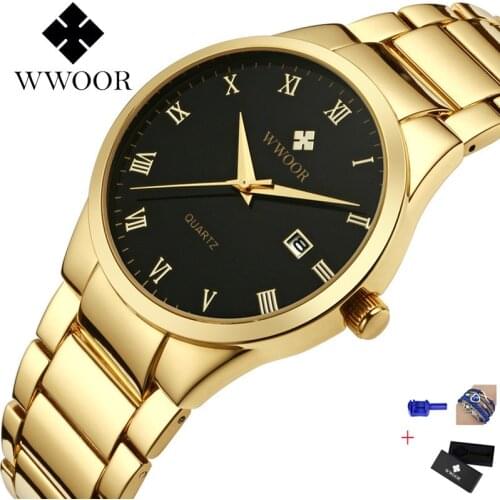 WWOOR Mens Steel Belt Quartz Watch Solid Strap Roman Face Waterproof Watches Watches for Men Luxury Watch Gold Strap WristWatch