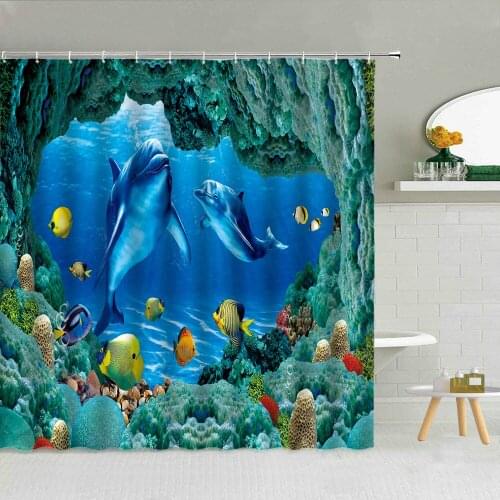 Ocean Animal Shower Curtain Dolphin Tropical Fish Sea Scenery Polyester Fabric Bathroom Supplies Cloth Curtains With Hooks Decor