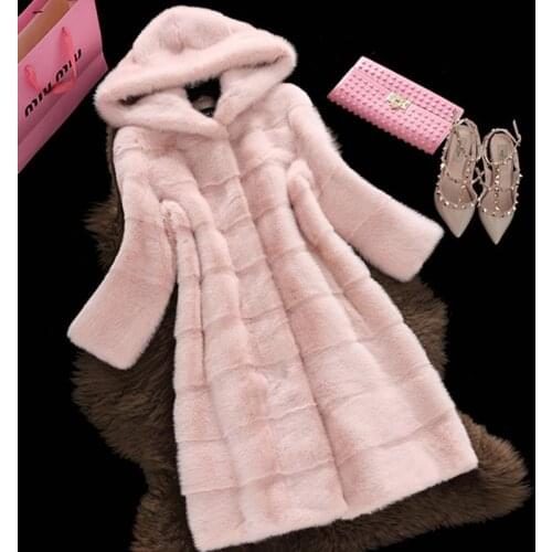 Women Winter Clothing Marten Overcoat Medium-long Synthetic Mink Fur Coat with a hood Faux Fur Hooded Jacket