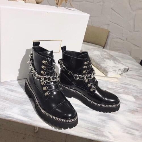 Women Black Lace-Up Genuine Leather Luxury Motorcycle Boots Ankle Zipper Chain-link Accents Round Toe Winter martin combat Boots