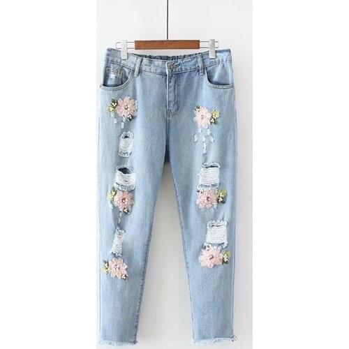 Plus Size 5XL Womens Ripped Jeans Loose Hole Flowers Embroidery beaded Denim Pants Ankle-Length Burrs Harem Pants Female