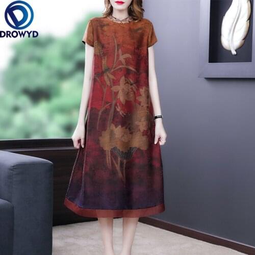 Women Beach Boho Dress Summer 2021 New Office Lady Print Short Sleeve Silk Loose Green Print Midi Dresses Party Vestidos Robe