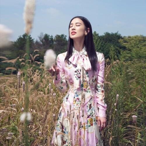 S-XL High Quality 2021 New Fashion Satin Print Lace Bowknot Long Sleeve Slim Temperament Casual Woman Dress