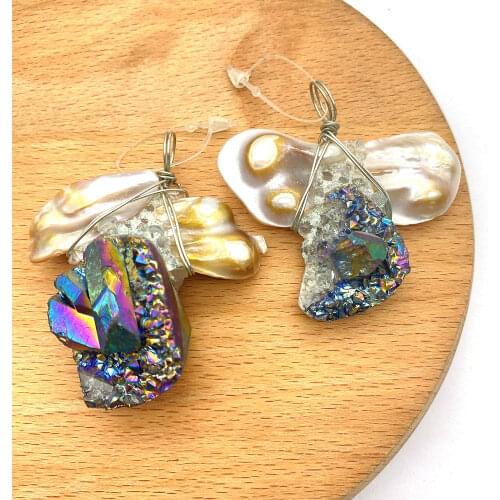 1pc Natural Freshwater Pearl with Natural Semi-precious Stone Pendants Irregular Shape DIY for Making Necklace 49x54mm Size