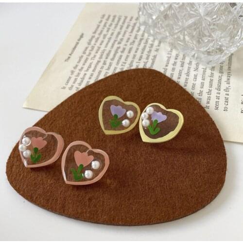 2021 Korean Fashion Summer Jewelry Transparent Cute Enamel Pearl Tulip Heart Earrings Anillos Brincos Stud Earrings For Women
