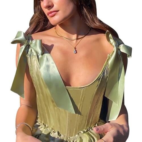 2021 Womens Sexy Crop Tank Tops Cute Solid Color Bow Tie Strap Sleeveless Criss Cross Lace-Up Corset Tops