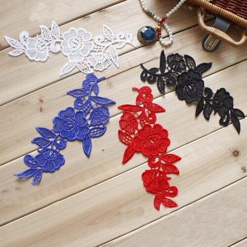 5Pairs Off White Red Blue Black Fabric Venise Venice Lace Mirror Flower Motif Sewing Applique 21*10cm