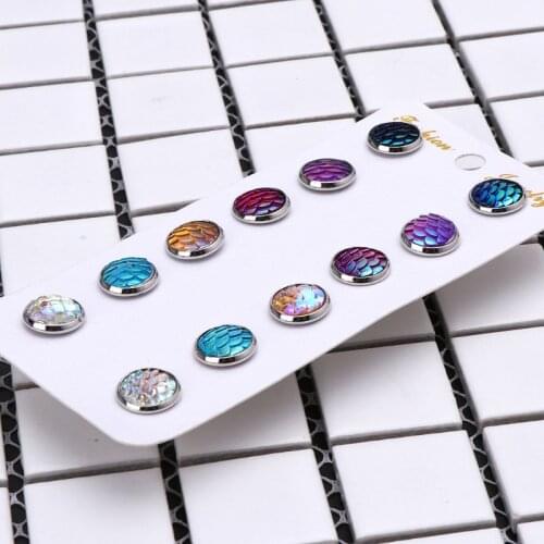 6 Pairs Beauty Fish Scale Round Crystal Assorted Stud Earrings Set Women Jewelry E56C