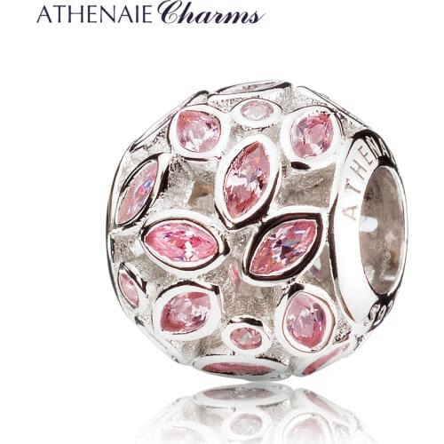 ATHENAIE 925 Sterling Silver with Pink CZ Sparkling Leaves Charm Beads Color Pink Gift for Birthday, Anniversary, Mothers Day