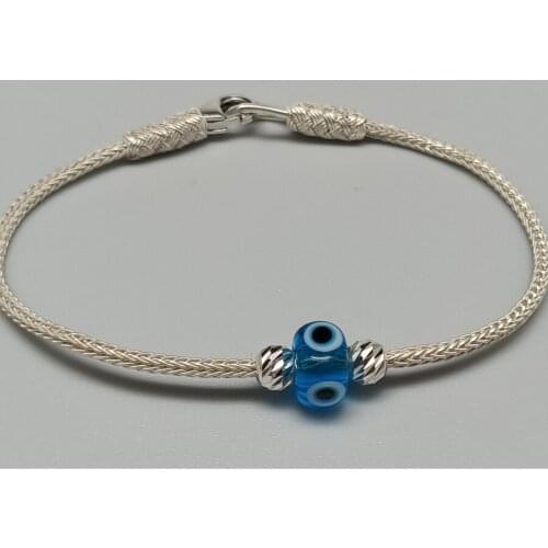 Trabzon Kazaz Wristband (Bracelet) single chain hand-knitted 1000 sterling silver with the blue evil eye bead BEST FRIEND GIFT