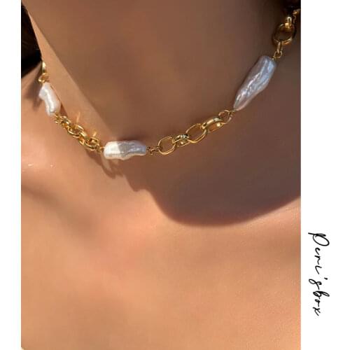 PerisBox Gold Chunky Chain Baroque Pearl Necklace Real Freshwater Pearl Necklaces for Women Brass Chains Jewelry 2020 Hot