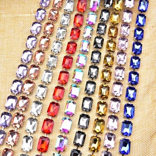 2 Yards Chunky Rectangle Glass Rhinestone Cup Chain with Silver Claw Setting Applique Trimming Wedding Belt Shoes DIY Accessory