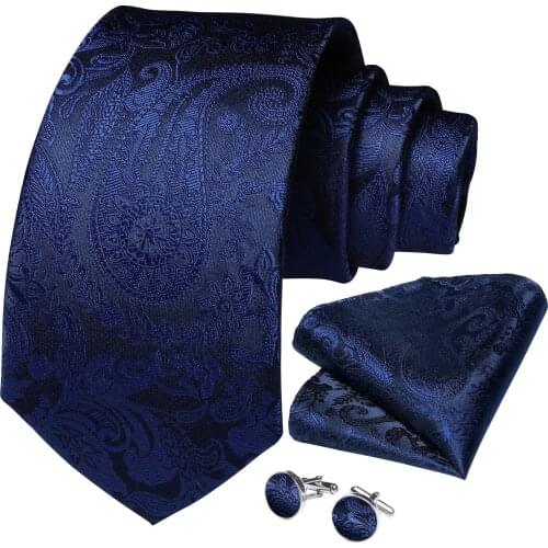 DiBanGu Luxury Royal Blue Paisley Floral Mens Ties Jacquard Woven Silk Cravat Wedding Party Neck Tie Hanky Cufflinks 3pcs Set
