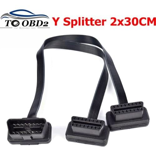 ELM327 Y Splitter Dual Female Flat Thin As Noodle 2x30CM 16 Pin OBD2 Extension Cable OBD2 16PIN Male to Female Cable Connector