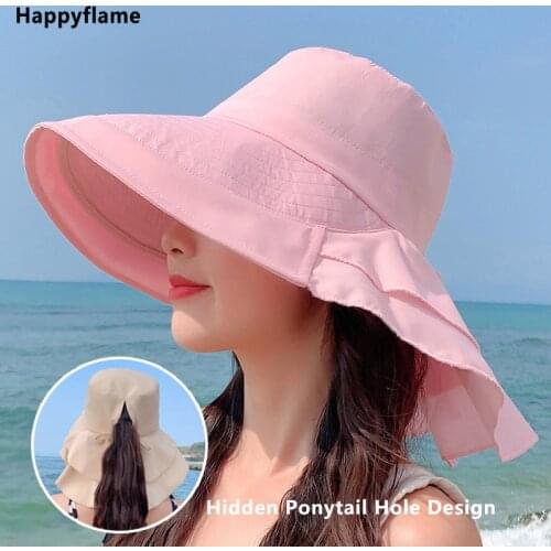 Womens Cap Fashion Hidden Ponytail Hole Visor Hat Big Brim Anti-UV Sun Hat Beach Neck Guard Fishermans Hat Foldable Bucket Hat