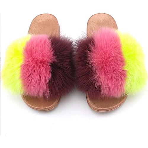 Summer Women Fox Fur Slippers Real Fox Flip Flops Fluffy Plushs Non Slip Indoor Slipper High Quality Beach Sandals flip flops