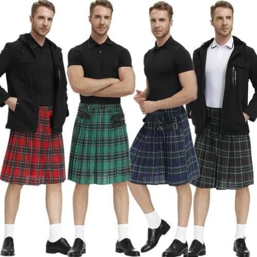 Mens Plaid Pleated Skirt Scottish Holiday Kilt Costume Traditional Costume Stage Performance Skirt Red Blue Green Brown