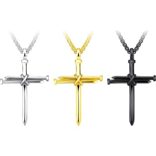 Men Jewelry Stainless Steel Nail Rope Cross Pendant Necklace