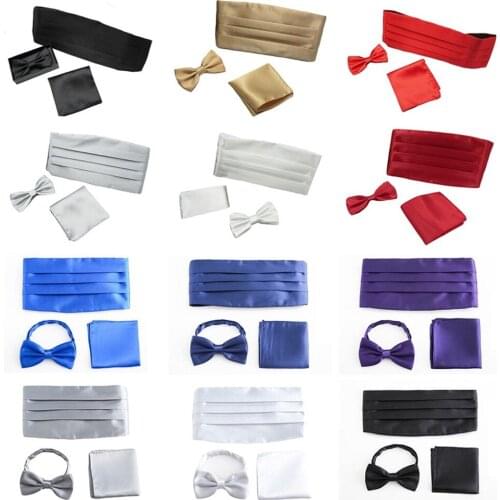 Men Satin Bow Tie Cummerbund Hanky Handkerchief Wedding Party Prom Suit Set