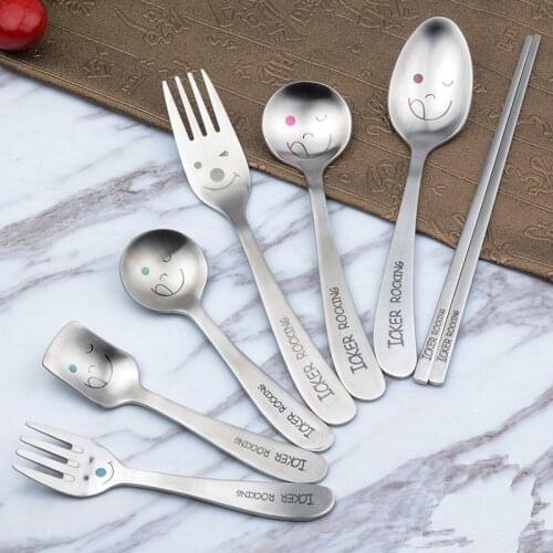 Creative Korean Tableware Set Smiling Face Spoon Stainless Steel Fork Cartoon Chopsticks Dinnerware Cutlery 3pcs/4pcs/7pcs 1set