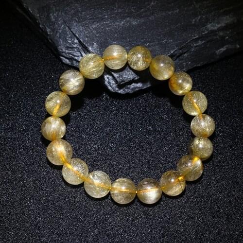 Natural Genuine Titanium Gold Hair Rutile Quartz Stretch Bracelet Round Beads 8-12mm