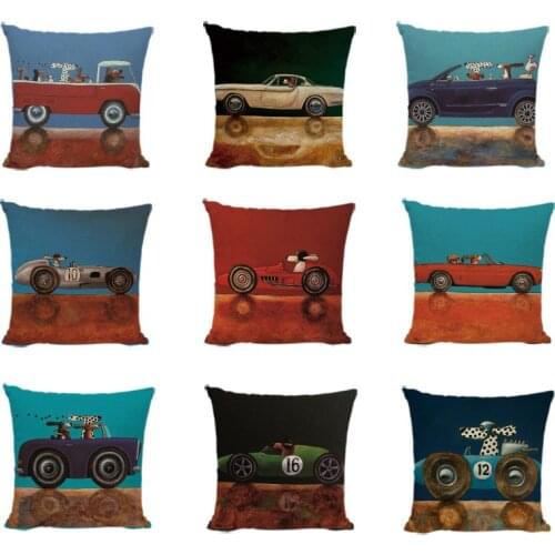 Hot Sale Pillow Lovely Cartoon Dog Penguin Driving Car Vintage Coshion Covers 45X45CM Linen Gifts Decorative Linen Pillowcases