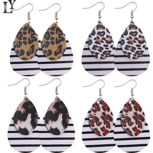 Cross-border new jewelry European and American style multi-layer retro leopard stripe printing PU water drop leather earrings